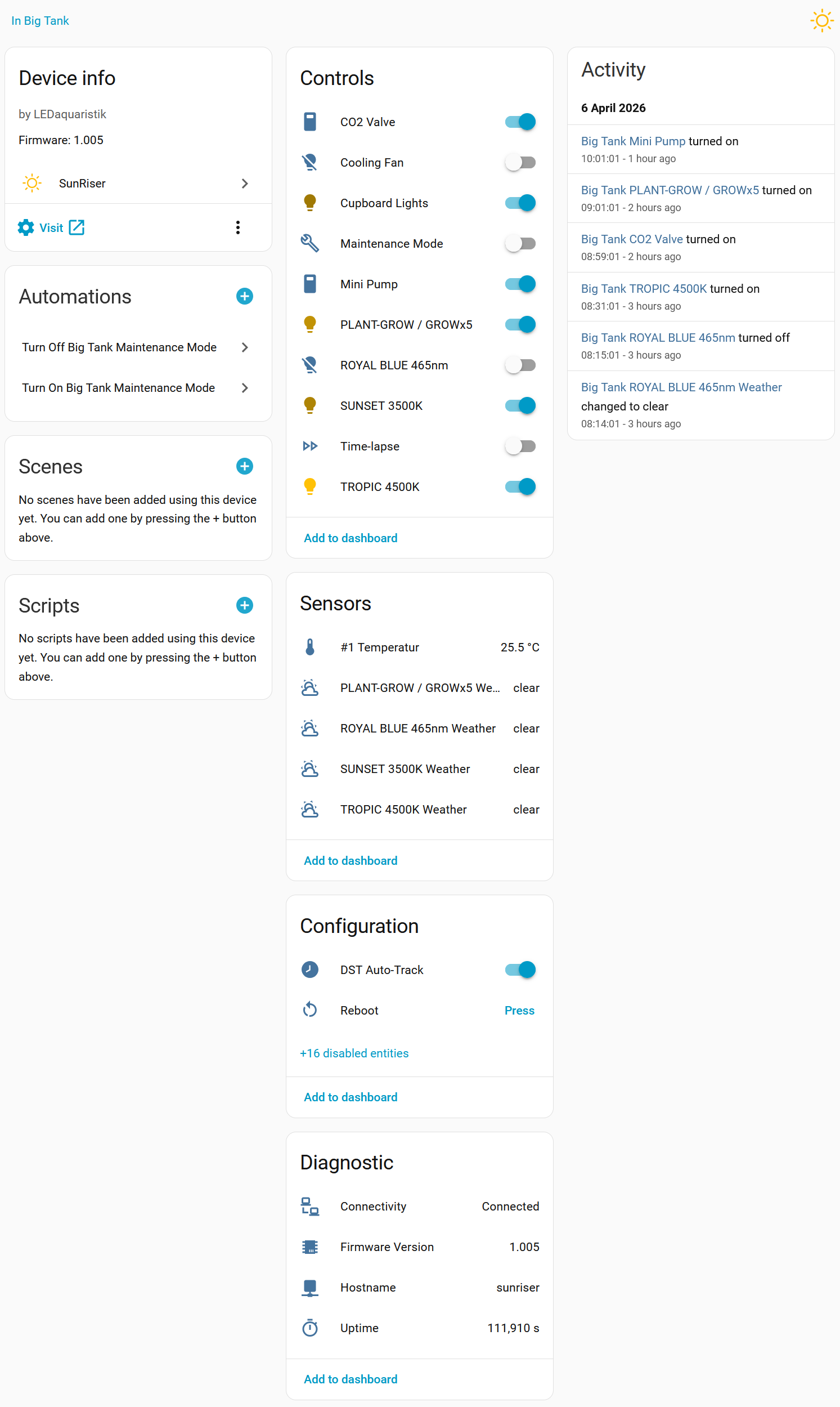 SunRiser device page in Home Assistant